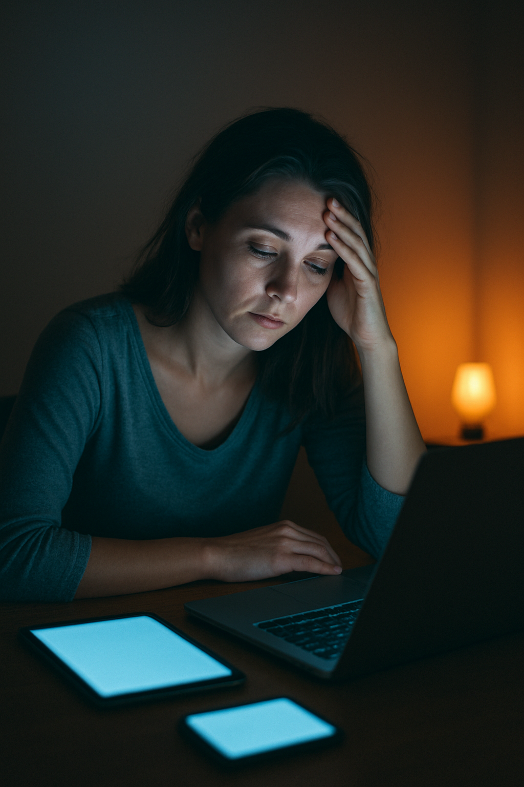 tired woman infront of a laptop